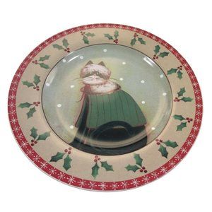 Sakura Fiddlestix Holiday Cat In Green Cape Stoneware Holly Rim Salad Plate EUC